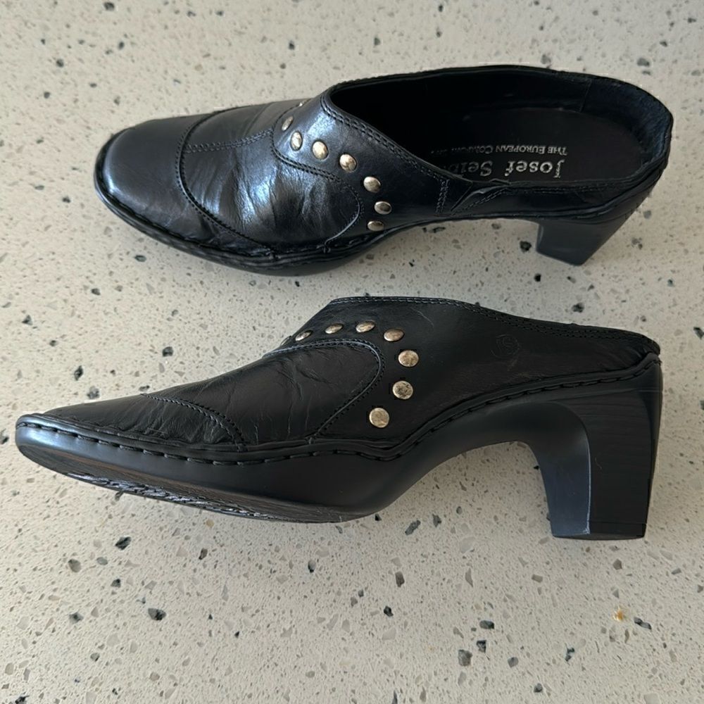 Josef Seibel Women’s Black Leather Western Studs Heels Slip On Mule Clog Size 36
